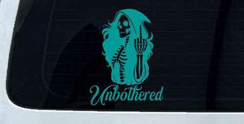Unbothered Female Skeleton Grim Reaper Shooting Bird Car or Truck Vinyl Window Decal Sticker (Turquoise)