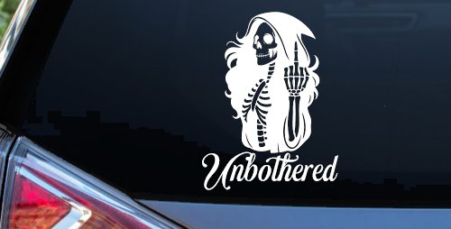 Unbothered Female Skeleton Grim Reaper Shooting Bird Car or Truck Vinyl Window Decal Sticker (White)