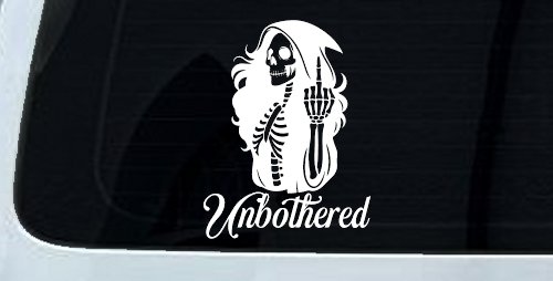 Unbothered Female Skeleton Grim Reaper Shooting Bird Car or Truck Vinyl Window Decal Sticker (White)
