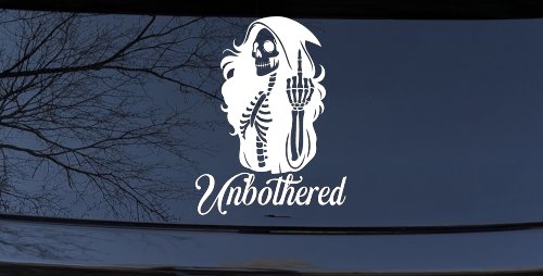 Unbothered Female Skeleton Grim Reaper Shooting Bird Car or Truck Vinyl Window Decal Sticker (White)