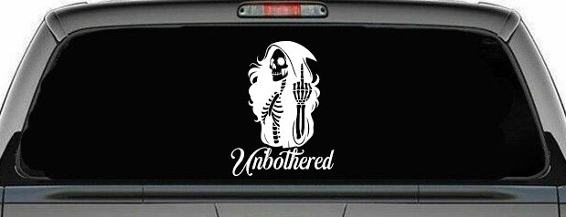 Unbothered Female Skeleton Grim Reaper Shooting Bird Car or Truck Vinyl Window Decal Sticker (White)