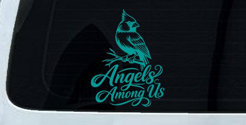 Angels Among Us with Cardinal Bird Car or Truck Vinyl Window Decal Sticker (Turquoise)