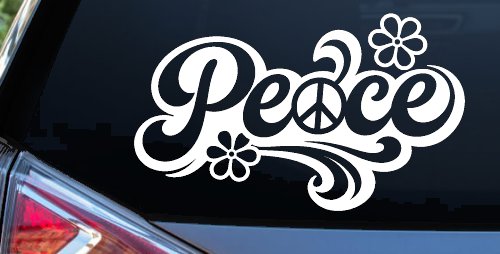 Word Peace with Peace Sign Car or Truck Vinyl Window Decal Sticker (White)