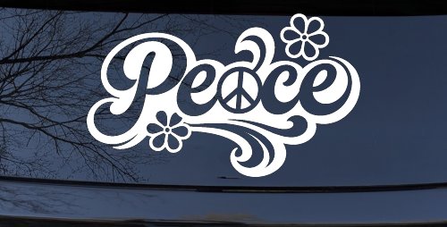 Word Peace with Peace Sign Car or Truck Vinyl Window Decal Sticker (White)