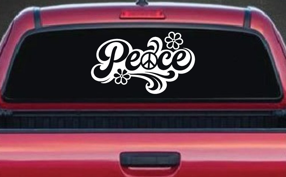 Word Peace with Peace Sign Car or Truck Vinyl Window Decal Sticker (White)
