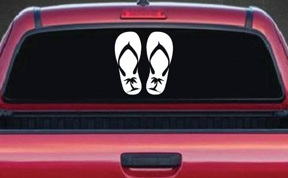 Palm Tree Flip Flops Beach Car or Truck Vinyl Window Decal Sticker (White)
