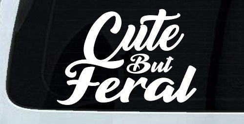 Funny Cute But Feral Car or Truck Vinyl Window Decal Sticker (White)