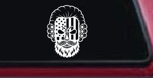 Patriotic USA Flag Skull with Powdered Wig Car or Truck Vinyl Window Decal Sticker (White)