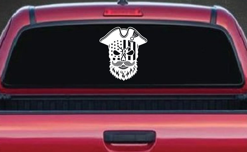 Patriotic USA Flag Skull with Revolution Hat Car Truck Vinyl Window Decal Sticker (White)