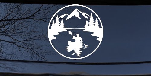 Man Kayaking in Mountains Car or Truck Vinyl Window Decal Sticker (White)