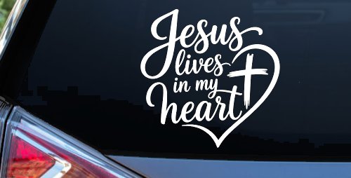 Jesus Lives in my Heart Car Truck Vinyl Window Decal Sticker (White)