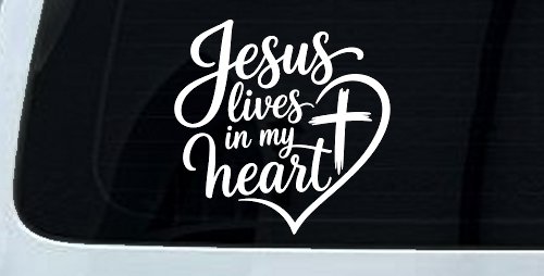 Jesus Lives in my Heart Car Truck Vinyl Window Decal Sticker (White)