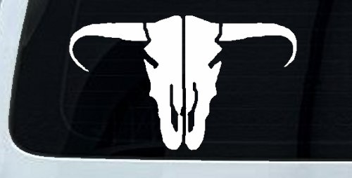 Long Horn Skull Mount Western Rodeo Farm Cowboy Car or Truck Window Vinyl Decal Sticker (White)
