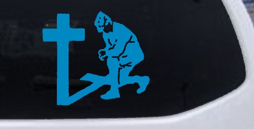 Military Soldier Kneeling at Cross Christian Car or Truck Window Decal Sticker (Blue)