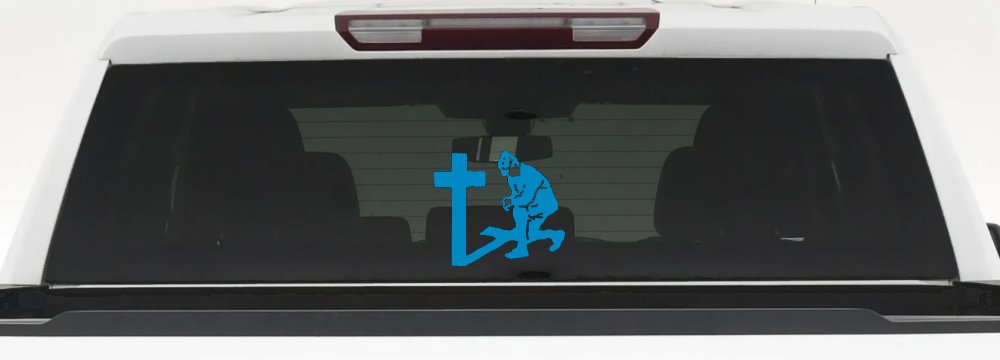 Military Soldier Kneeling at Cross Christian Car or Truck Window Vinyl Decal Sticker (Blue)