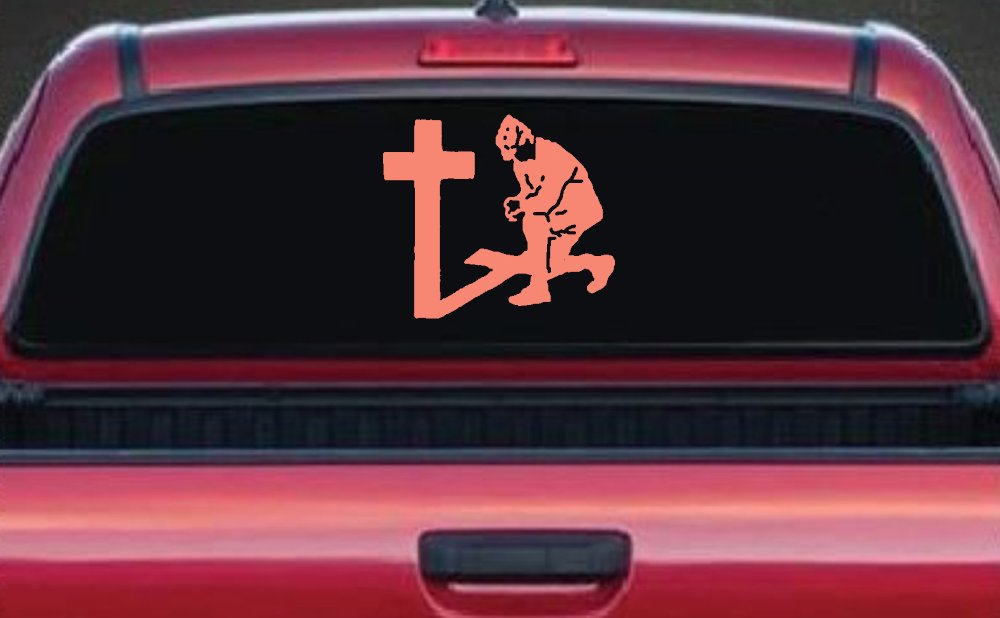 Military Soldier Kneeling at Cross Christian Car or Truck Window Decal Sticker (Coral)