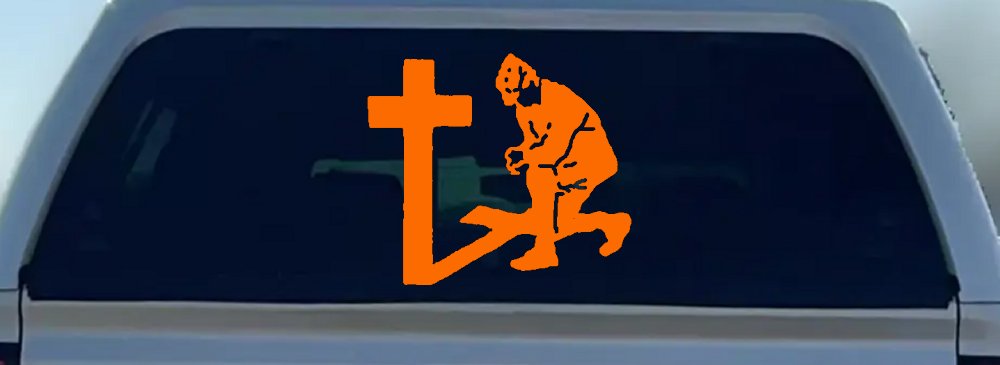 Military Soldier Kneeling at Cross Christian Car or Truck Window Vinyl Decal Sticker (Orange)