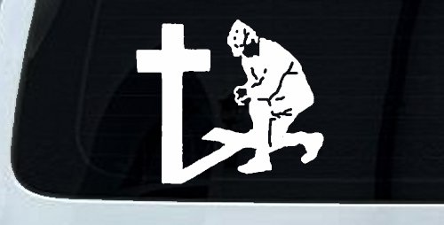 Military Soldier Kneeling at Cross Christian Car or Truck Window Decal Sticker (White)