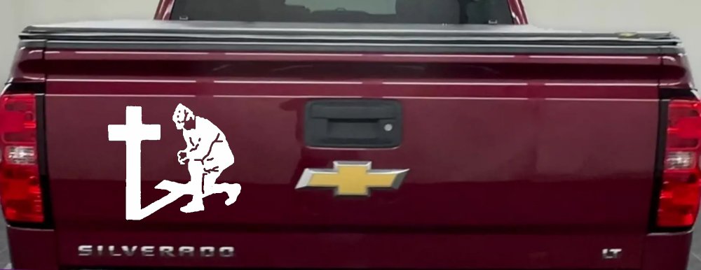 Military Soldier Kneeling at Cross Christian Car or Truck Window Decal Sticker (White)