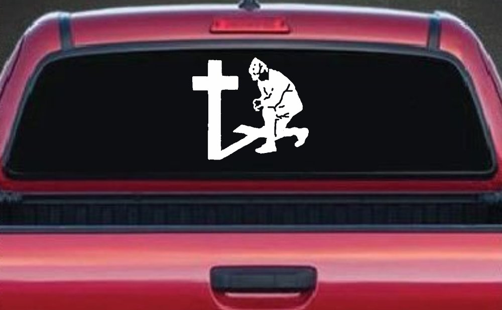 Military Soldier Kneeling at Cross Christian Car or Truck Window Vinyl Decal Sticker (White)