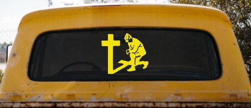 Military Soldier Kneeling at Cross Christian Car or Truck Window Decal Sticker (Yellow)