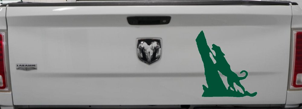 Dog Barking up Tree Hunting Car or Truck Window Decal Sticker (Dark Green)