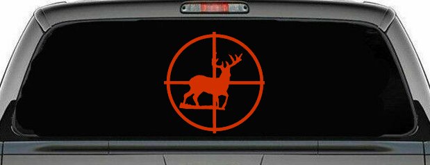 Deer in Scope Hunting Car or Truck Window Decal Sticker (Orange Red)