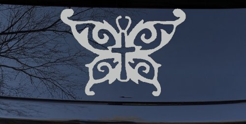 Butterfly Wings with Cross Body Christian Car or Truck Window Decal Sticker (Light Gray)