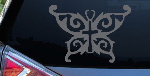 Butterfly Wings with Cross Body Christian Car or Truck Window Decal Sticker (Silver)