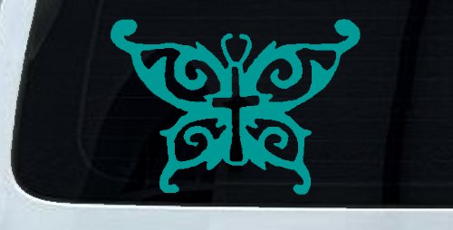 Butterfly Wings with Cross Body Christian Car or Truck Window Decal Sticker (Turquoise)