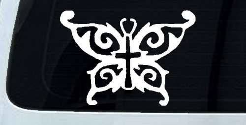 Butterfly Wings with Cross Body Christian Car or Truck Window Decal Sticker (White)