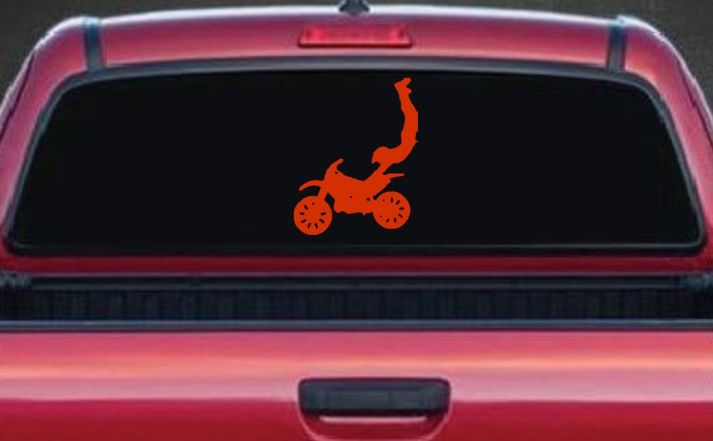 Dirtbike Motorcycle Trick Car or Truck Window Decal Sticker (Orange Red)