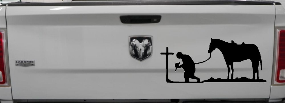 Cowboy at Cross with Horse Western Ranch or Farm Christain Car or Truck Window Decal Sticker (Black)