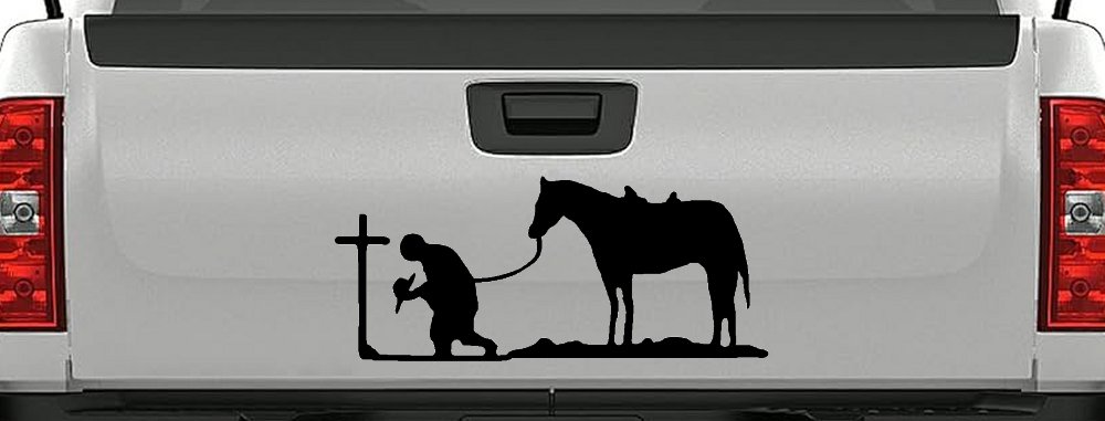 Cowboy at Cross with Horse Western Ranch or Farm Christain Car or Truck Window Decal Sticker (Black)