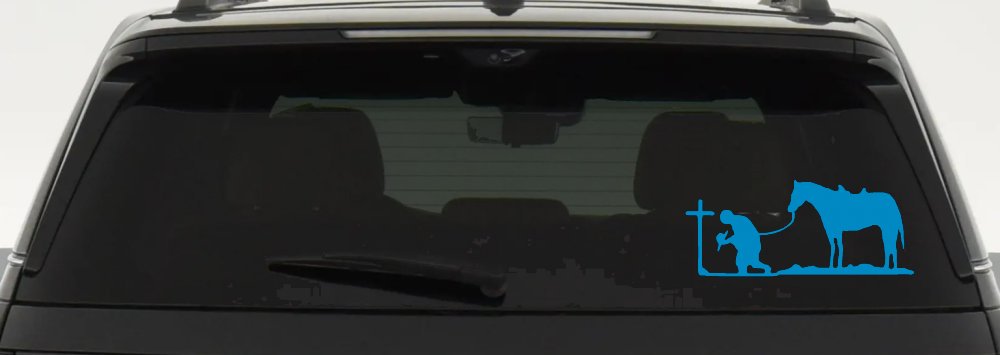 Cowboy at Cross with Horse Western Ranch or Farm Christain Car or Truck Window Decal Sticker (Blue)
