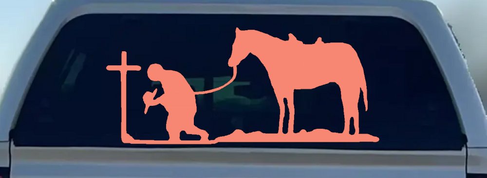 Cowboy at Cross with Horse Western Ranch or Farm Christain Car or Truck Window Decal Sticker (Coral)