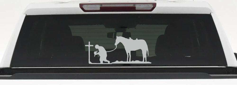 Cowboy at Cross with Horse Western Ranch or Farm Christain Car or Truck Window Decal Sticker (Light Gray)