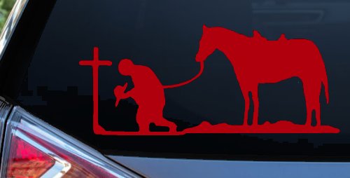 Cowboy at Cross with Horse Western Ranch or Farm Christain Car or Truck Window Decal Sticker (Red)