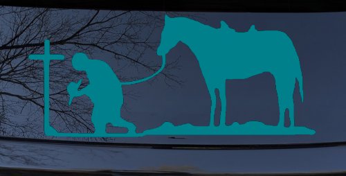 Cowboy at Cross with Horse Western Ranch or Farm Christain Car or Truck Window Decal Sticker (Turquoise Blue)
