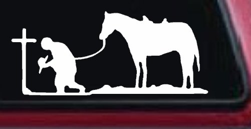 Cowboy Cross Horse Decal Western Christian Car Truck Window Sticker (White)