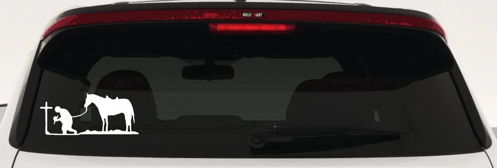 Cowboy at Cross with Horse Western Ranch or Farm Christain Car or Truck Window Decal Sticker (White)