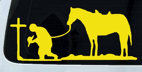 Cowboy at Cross with Horse Western Ranch or Farm Christain Car or Truck Window Decal Sticker (Yellow)