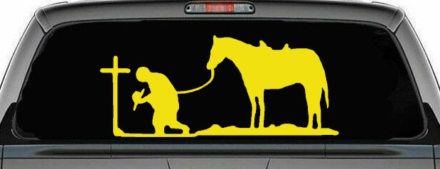 Cowboy at Cross with Horse Western Ranch or Farm Christain Car or Truck Window Decal Sticker (Yellow)