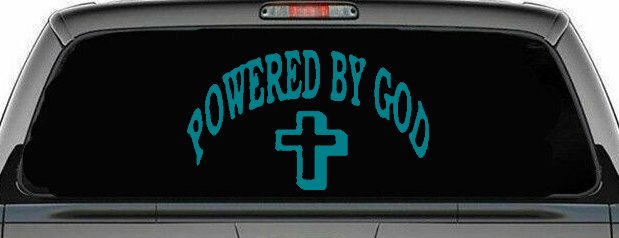 Powered By God Christian Car or Truck Window Decal Sticker (Turquoise Blue)
