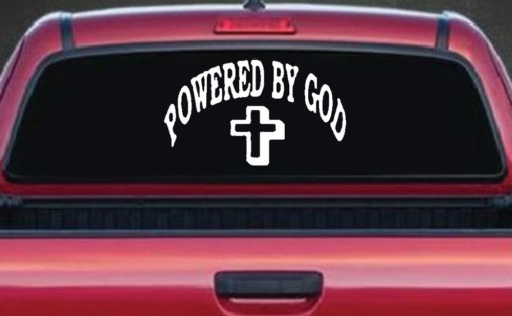 Powered By God Christian Car or Truck Window Decal Sticker (White)