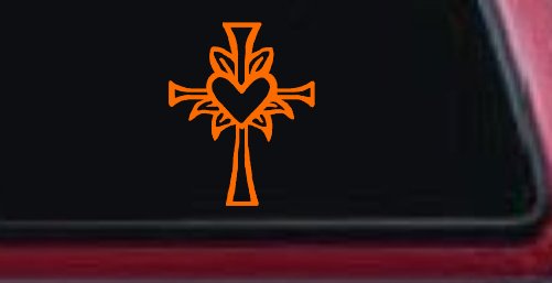 Cross with Heart in middle Christian Car or Truck Window Decal Sticker (Orange)
