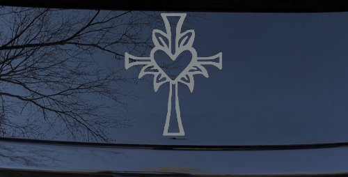 Cross with Heart in middle Christian Car or Truck Window Decal Sticker (Telegrey)