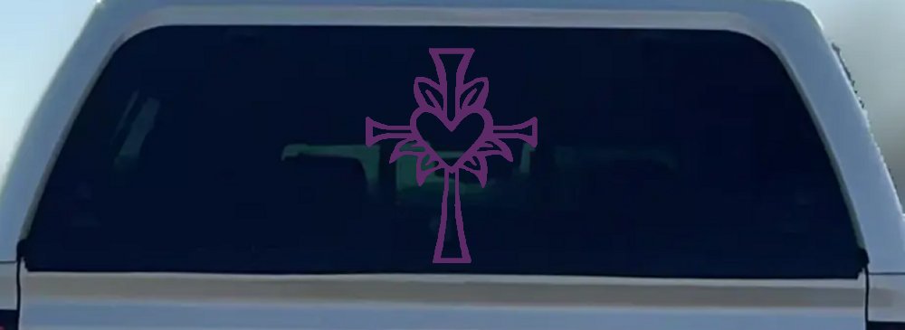 Cross with Heart in middle Christian Car or Truck Window Decal Sticker (Violet)