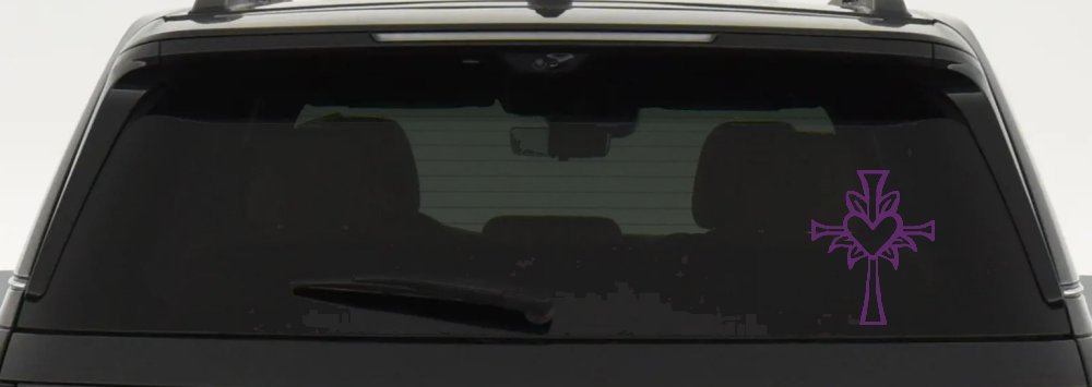 Cross with Heart in middle Christian Car or Truck Window Decal Sticker (Violet)