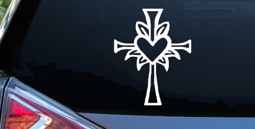 Cross with Heart in middle Christian Car or Truck Window Decal Sticker (White)